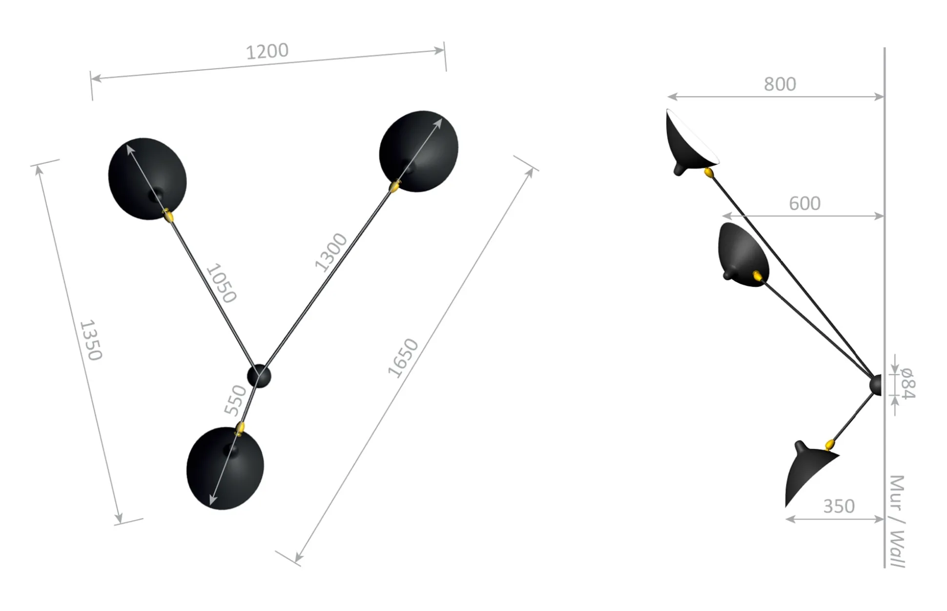 Wall Lamp with Three Fixed Arms